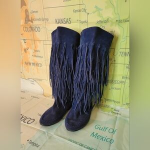 Chinese Laundry Indigo Fringe Suede Boots Moccasin Size 8